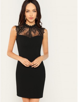 Sheer Eyelash Lace Yoke Solid Dress