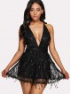 Sequin Contrast Backless Tie Back Slip Dress