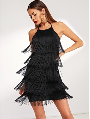 Tiered Fringe Halter Bodycon Dress