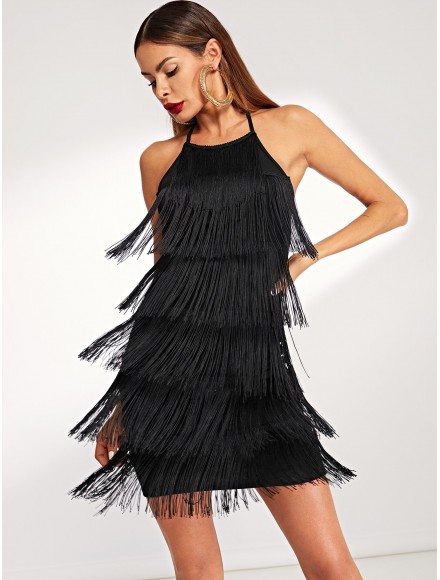 Tiered Fringe Halter Bodycon Dress