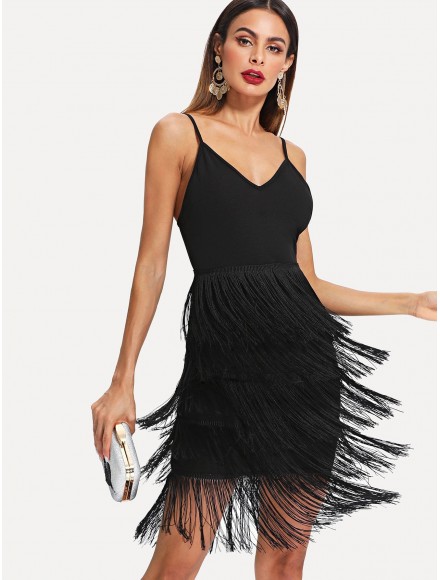 Layered Fringe Bodycon Cami Dress