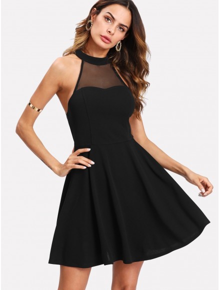 Mesh Yoke Open Back Skater Dress