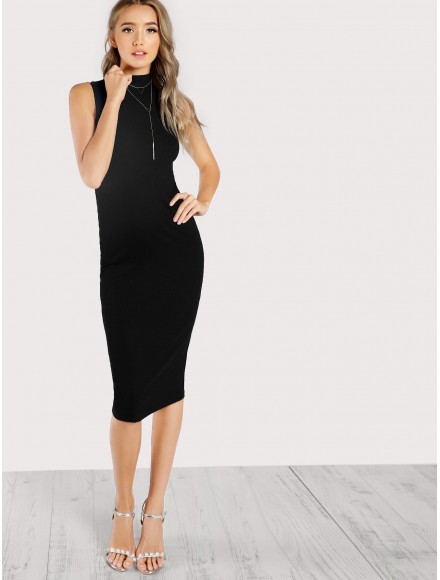 High Neck Rib Knit Sleeveless Bodycon Dress