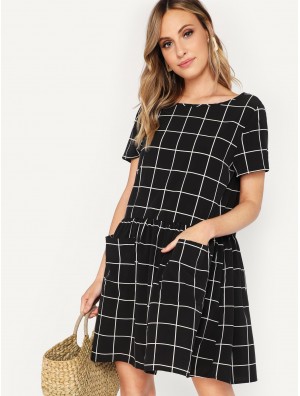 Pocket Patched Grid Dress