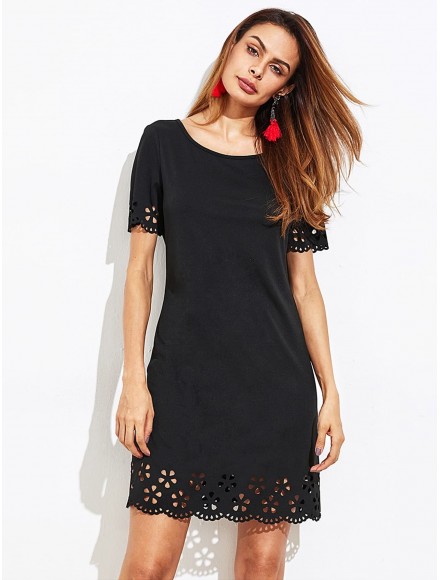 Scalloped Laser Cut Button Keyhole Back Dress