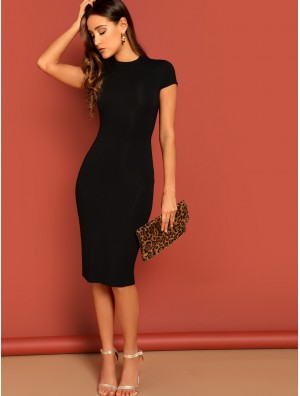 Mock-neck Solid Bodycon Dress