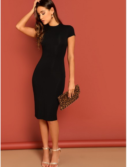 Mock-neck Solid Bodycon Dress