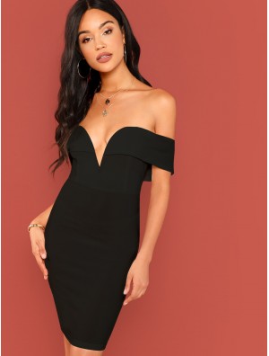 Plunging Neckline Bardot Bodycon Dress