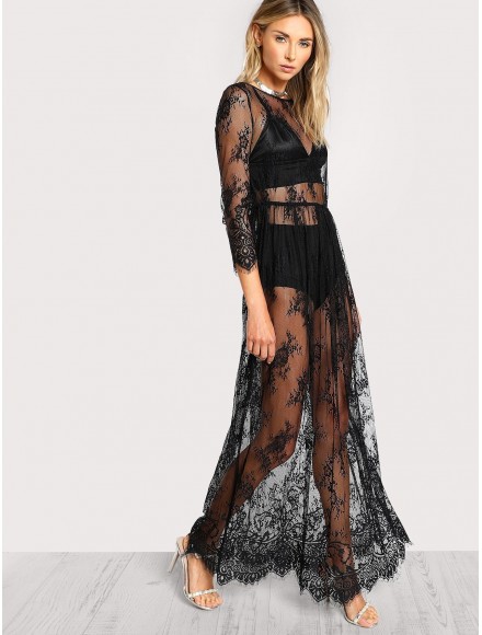 Buttoned Split Back Sheer Floral Lace Dress