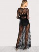 Buttoned Split Back Sheer Floral Lace Dress