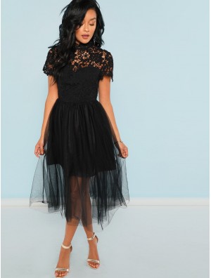 Floral Lace Bodice Mesh Dress