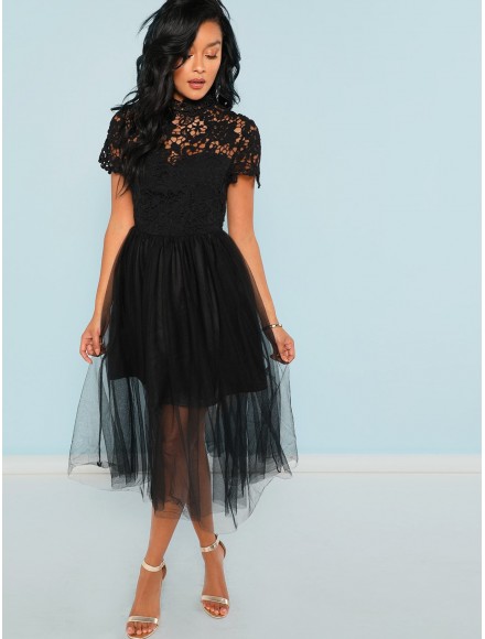 Floral Lace Bodice Mesh Dress