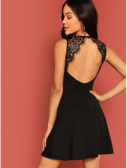 Lace Insert Open Back Skater Dress