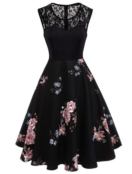 Contrast Lace Floral Print Dress