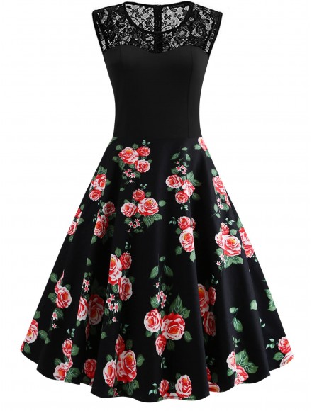 50s Contrast Lace Floral Print Dress