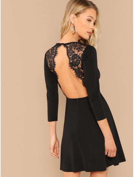 Lace Contrast Backless Dress