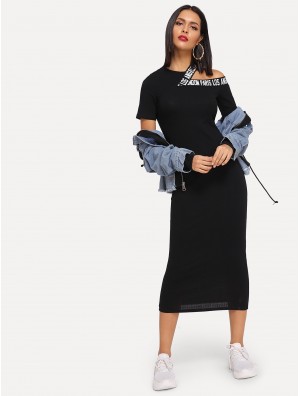 Cut-Out Shoulder Slogan Tape Rib Midi Dress