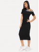 Cut-Out Shoulder Slogan Tape Rib Midi Dress