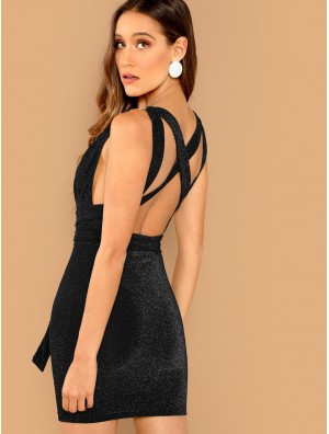 Crisscross Open Back Plunging Fitted Glitter Dress