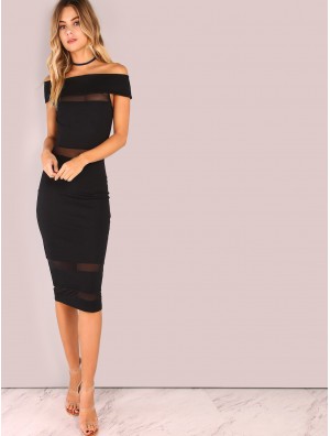 Off Shoulder Mesh Panel Bodycon Dress