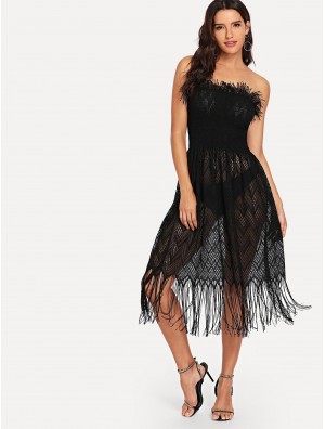 Fringe Hem Sheer Tube Dress