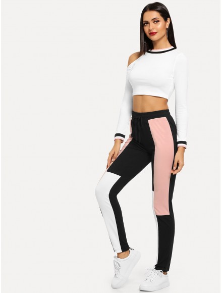 Asymmetric Open Shoulder Tee Colorblock Leggings Set