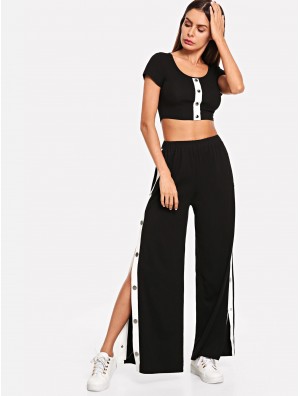 Studded Front Crop Top Split Pants Co-Ord