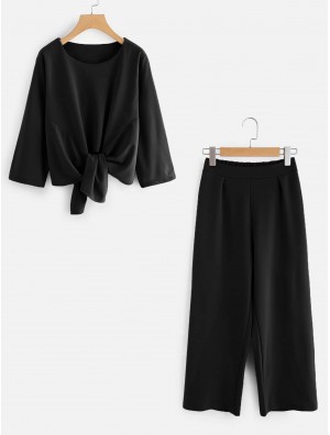 Solid Knot Front Top With Pants