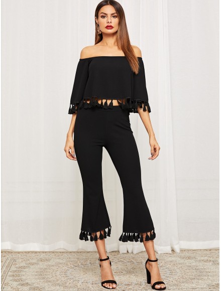 Bell Sleeve Tassel Hen Bardot Top Flare Pants Set