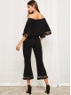 Bell Sleeve Tassel Hen Bardot Top Flare Pants Set