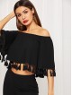 Bell Sleeve Tassel Hen Bardot Top Flare Pants Set