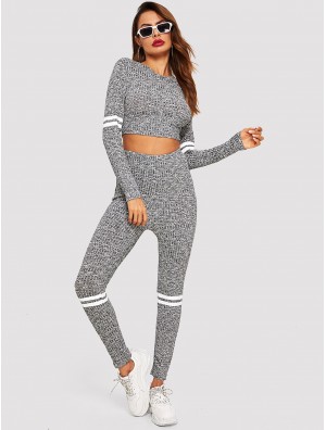 Striped Marled Crop Top Leggings Set