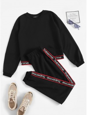 Contrast Binding Letter Pullover and Sweatpants Set