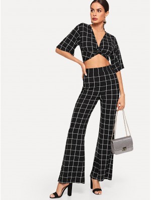 Twist Plaid Crop Top Pants Co-Ord