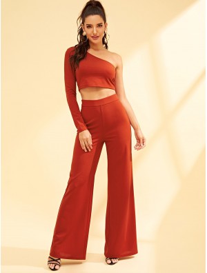 One Shoulder Crop Top and Flare Leg Pants Set