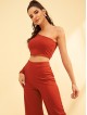 One Shoulder Crop Top and Flare Leg Pants Set