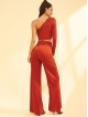 One Shoulder Crop Top and Flare Leg Pants Set