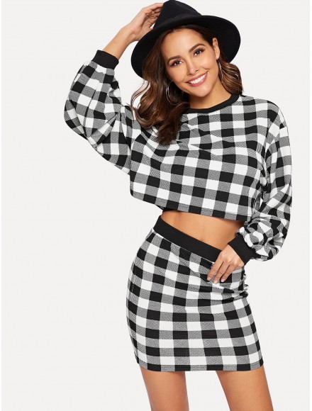 Gingham Print Ringer Neck Pullover Skirt Set