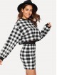 Gingham Print Ringer Neck Pullover Skirt Set