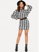 Gingham Print Ringer Neck Pullover Skirt Set