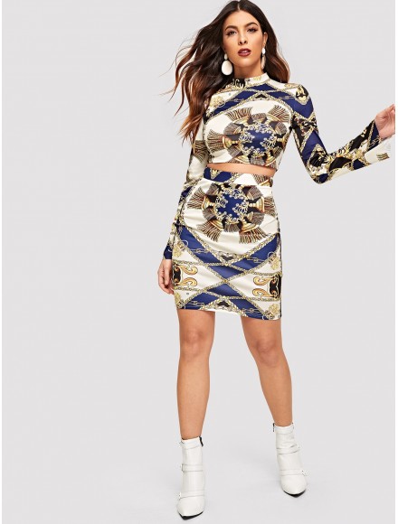 Mock-neck Scarf Print Crop Top and Skirt Set