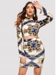 Mock-neck Scarf Print Crop Top and Skirt Set