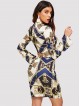 Mock-neck Scarf Print Crop Top and Skirt Set