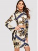 Mock-neck Scarf Print Crop Top and Skirt Set