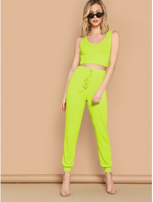 Neon Green Crop Top Drawstring Waist Tapered Pants Set