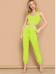 Neon Green Crop Top Drawstring Waist Tapered Pants Set