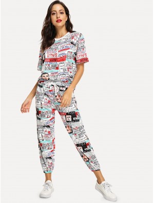 Comic Print Tee Drawstring Waist Pants