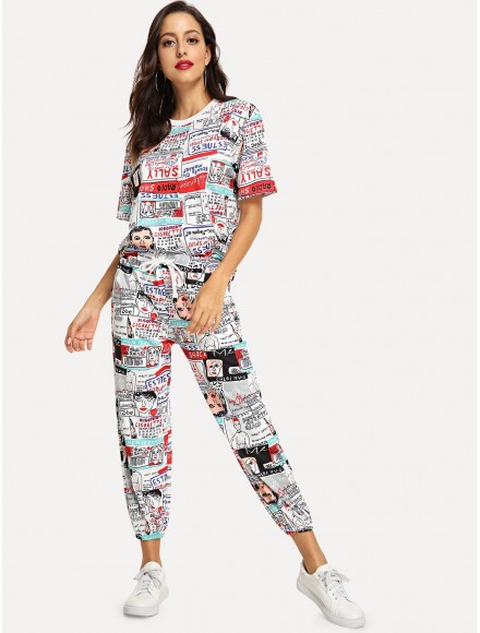 Comic Print Tee Drawstring Waist Pants