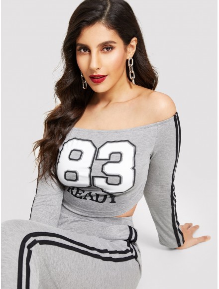 Off Shoulder Number Crop Tee Pants Set