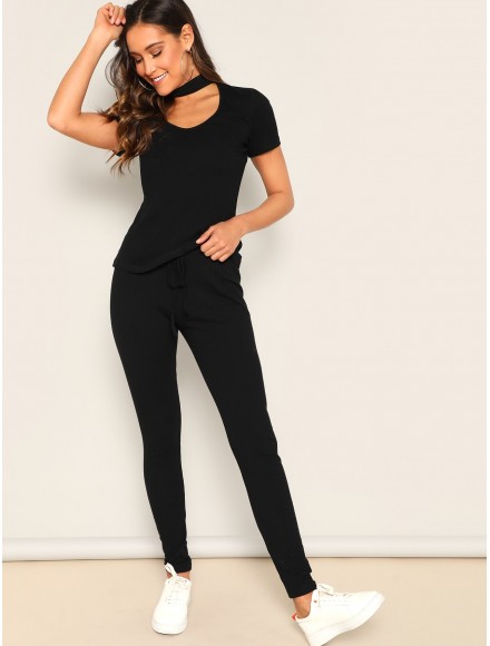 Choker V-neck Ribbed Knit Tee Pants Set